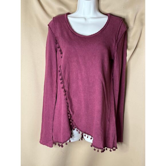 POL Boho Burgundy French Terry Long Sleeve Top with Pom Pom Trim New L - Picture 1 of 7
